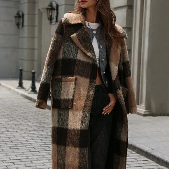 Multicolor Casual Women's Plaid Lapel Wool Blend Long Sleeve Cardigan Coat